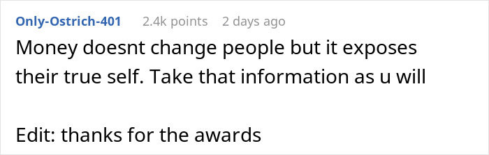 Text post on Reddit discussing how money exposes true self, with user Only-Ostrich-401 sharing insight and thanking for awards. Text post on Reddit discussing how money exposes true self, with user Only-Ostrich-401 sharing insight and thanking for awards.