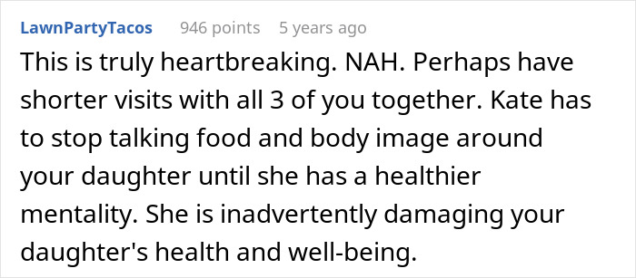 Screenshot of a social media comment addressing the impact of ex’s eating disorder comments on a little girl’s mental health.