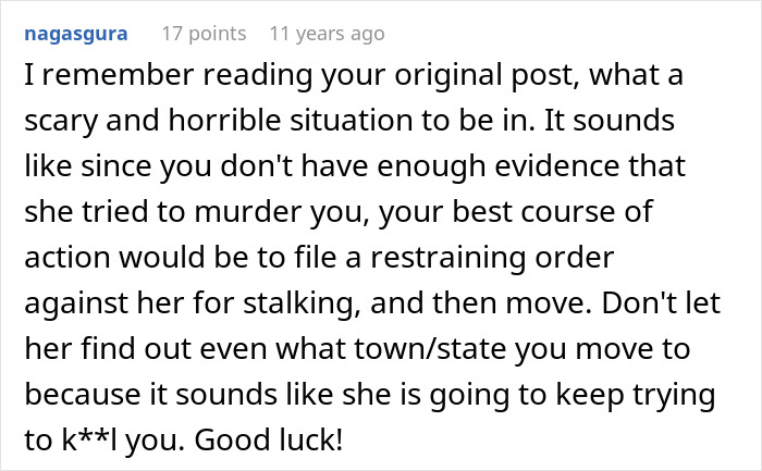 Comment warning about a mother poisoned me situation advises filing restraining order and moving for safety. Comment warning about a mother poisoned me situation advises filing restraining order and moving for safety.