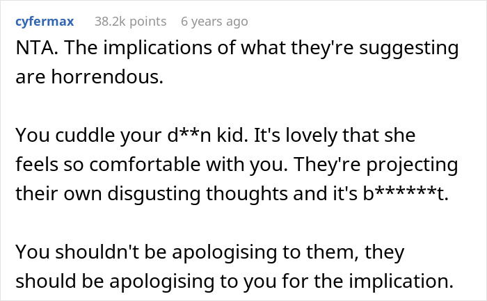 Screenshot of a Reddit comment defending a 15-year-old cuddling with dad against in-laws accusing him of crossing limits. Screenshot of a Reddit comment defending a 15-year-old cuddling with dad against in-laws accusing him of crossing limits.