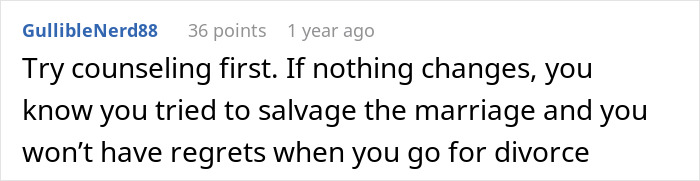 Comment suggesting trying counseling to salvage the marriage before considering divorce in a relationship joke context. Comment suggesting trying counseling to salvage the marriage before considering divorce in a relationship joke context.