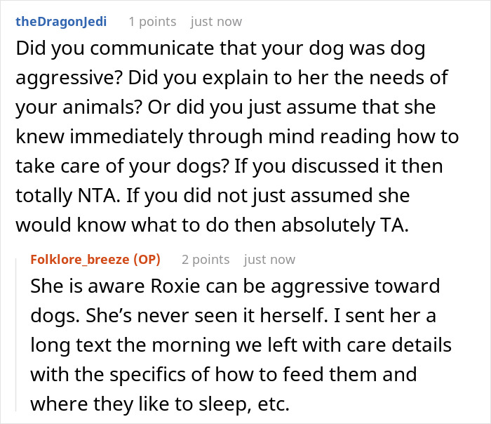 Screenshot of a discussion about a friend’s dog care, focusing on dog aggression and house sitting responsibilities. Screenshot of a discussion about a friend’s dog care, focusing on dog aggression and house sitting responsibilities.