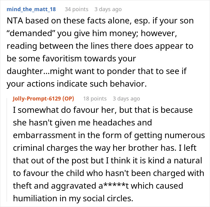 Reddit user discussion about paying off daughter student loans and perceived favoritism compared to son with criminal charges. Reddit user discussion about paying off daughter student loans and perceived favoritism compared to son with criminal charges.