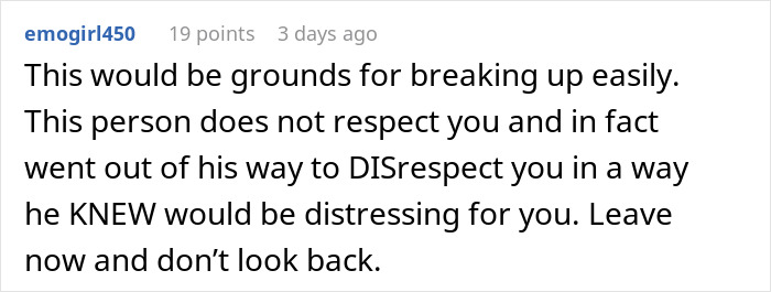 Text post with user advice about disrespect in relationships after a woman finds hidden device planted by boyfriend prank. Text post with user advice about disrespect in relationships after a woman finds hidden device planted by boyfriend prank.