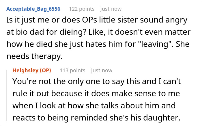 Conversation between a bride and her bratty sister about the bride refusing mom’s hubby to walk her down the aisle.
