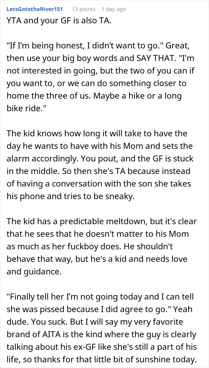 Reddit comment discussing a meltdown about mountain biking at 6:30 a.m. involving a man and his girlfriend’s son. Reddit comment discussing a meltdown about mountain biking at 6:30 a.m. involving a man and his girlfriend’s son.