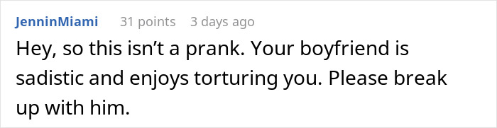 Reddit comment warning about a boyfriend’s behavior related to a hidden device prank in a woman’s closet. Reddit comment warning about a boyfriend’s behavior related to a hidden device prank in a woman’s closet.
