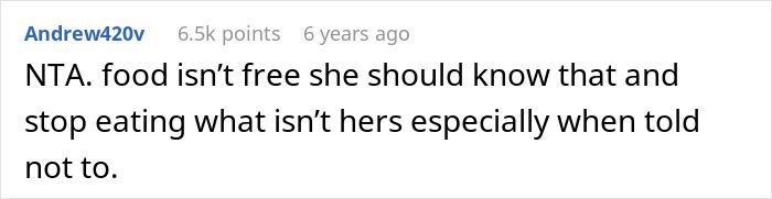 Screenshot of a social media comment discussing drama about a woman upset with bro’s girlfriend for eating her food. Screenshot of a social media comment discussing drama about a woman upset with bro’s girlfriend for eating her food.