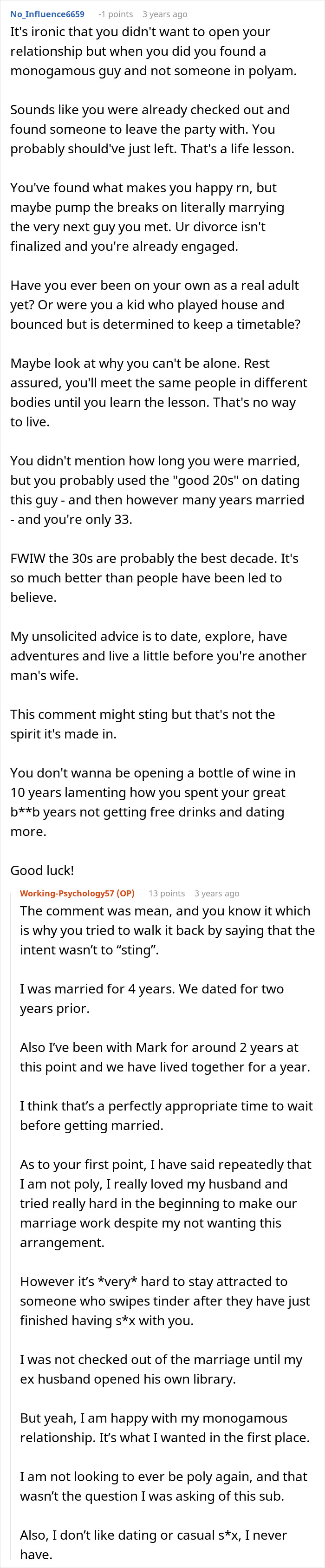 Reddit conversation about a guy coming out as poly and regretting open marriage after wife prefers her new partner. Reddit conversation about a guy coming out as poly and regretting open marriage after wife prefers her new partner.