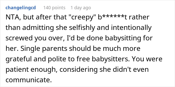 Comment on babysitting experience, discussing a mom asking her friend to babysit before going MIA for hours. Comment on babysitting experience, discussing a mom asking her friend to babysit before going MIA for hours.