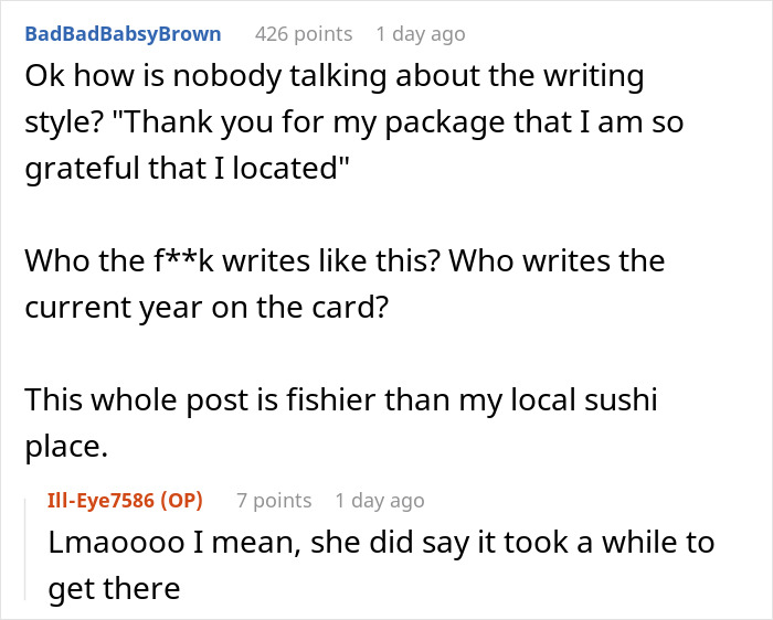 Reddit conversation discussing the writing style and authenticity of a found another woman Valentine card post. Reddit conversation discussing the writing style and authenticity of a found another woman Valentine card post.
