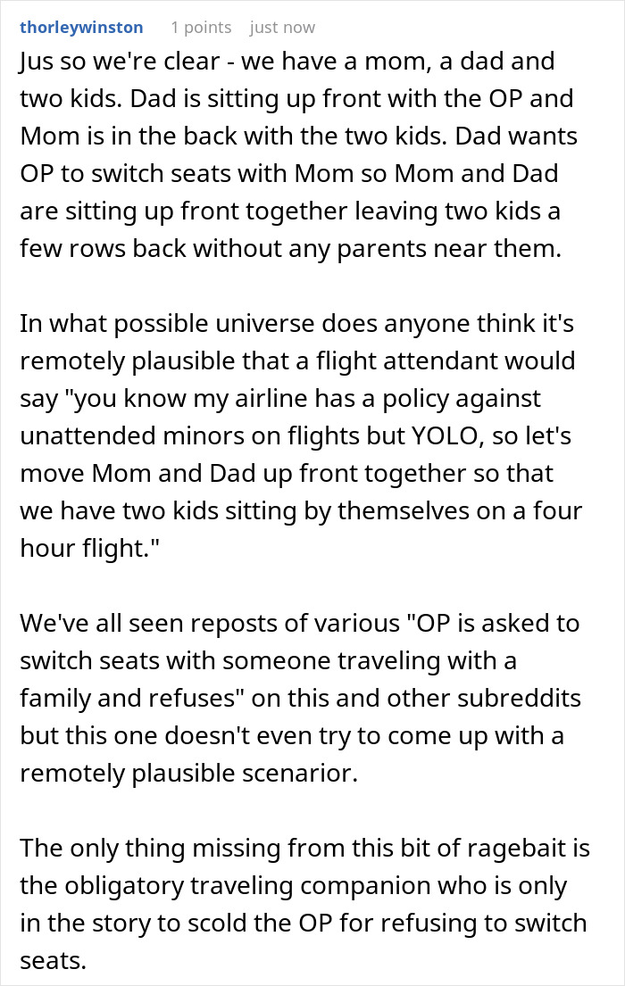 Text excerpt discussing a family asking a passenger to swap seats during a flight, causing drama on the journey. Text excerpt discussing a family asking a passenger to swap seats during a flight, causing drama on the journey.