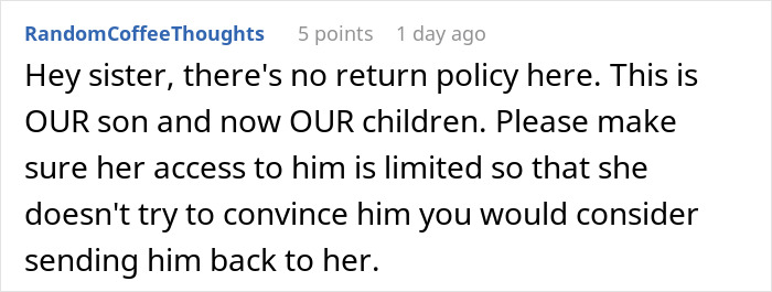 Comment text about a mom wanting her baby back after giving him up with no return policy mentioned. Comment text about a mom wanting her baby back after giving him up with no return policy mentioned.