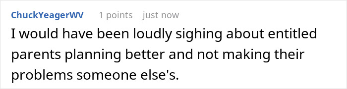 Comment text about entitled parents reacting dramatically when a family eyes a passenger's paid seat on a journey. Comment text about entitled parents reacting dramatically when a family eyes a passenger's paid seat on a journey.