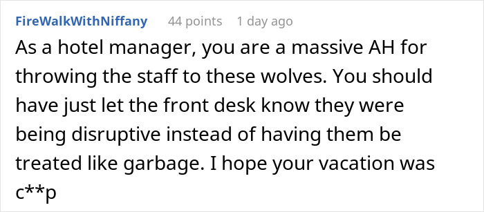 Comment on hotel guests disturbing neighbors and the 5 AM revenge served by staff in an online discussion. Comment on hotel guests disturbing neighbors and the 5 AM revenge served by staff in an online discussion.