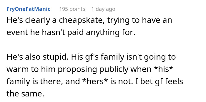 Alt text: Online comment discussing a woman shutting down her brother’s proposal at her baby shower event. Alt text: Online comment discussing a woman shutting down her brother’s proposal at her baby shower event.