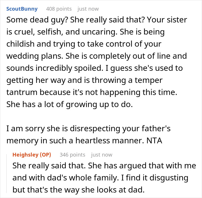 Commenter criticizes bratty sister for disrespecting bride’s wedding plans and refusing mom's hubby to walk bride down aisle.