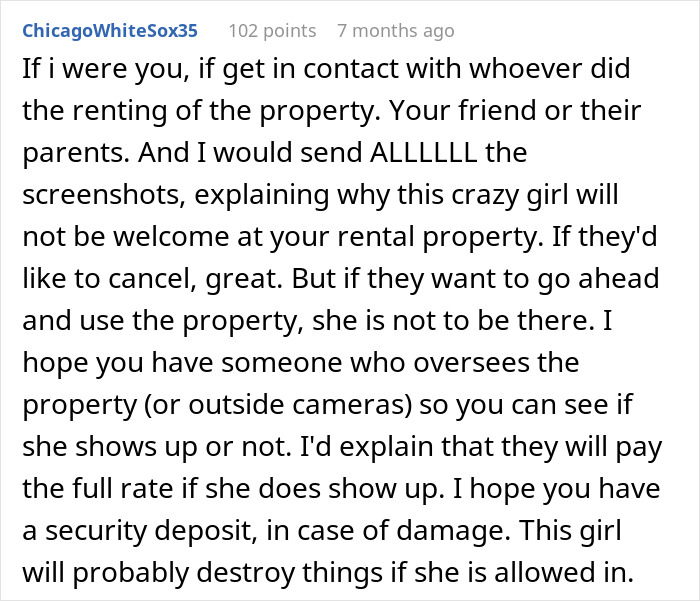 Comment suggesting how to handle a rental dispute after harassment involving a woman considering canceling friend’s holiday booking. Comment suggesting how to handle a rental dispute after harassment involving a woman considering canceling friend’s holiday booking.