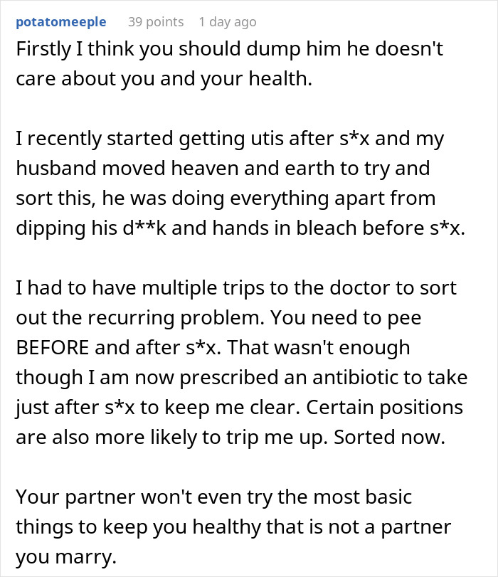 Reddit comment discussing recurring infections and partner refusing testing, causing reconsideration of marriage plans. Reddit comment discussing recurring infections and partner refusing testing, causing reconsideration of marriage plans.