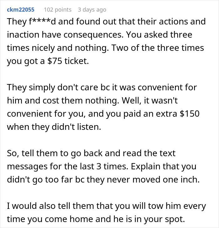Alt text: Text discussing consequences of stealing parking spot and towing car as revenge on roommate’s boyfriend. Alt text: Text discussing consequences of stealing parking spot and towing car as revenge on roommate’s boyfriend.