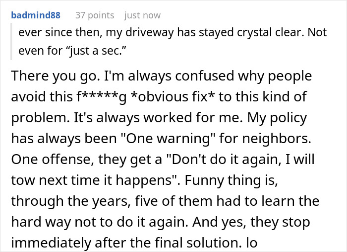 Comment explaining a nurse’s policy for stopping neighbors from using her driveway after long shifts, enforcing strict warnings. Comment explaining a nurse’s policy for stopping neighbors from using her driveway after long shifts, enforcing strict warnings.