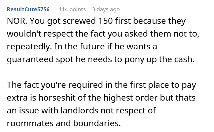 Comment discussing parking spot dispute, criticizing lack of respect and suggesting boyfriend should pay for a guaranteed spot. Comment discussing parking spot dispute, criticizing lack of respect and suggesting boyfriend should pay for a guaranteed spot.