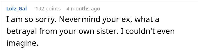 Comment expressing sympathy over betrayal within a woman's world after her husband's dark secret is revealed shortly after marriage.