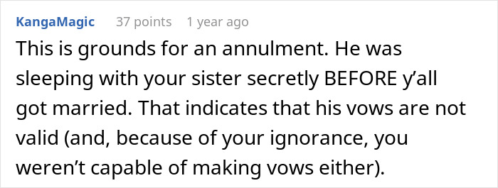 User comment discussing annulment due to husband’s dark secret revealed shortly after marriage, causing emotional turmoil.