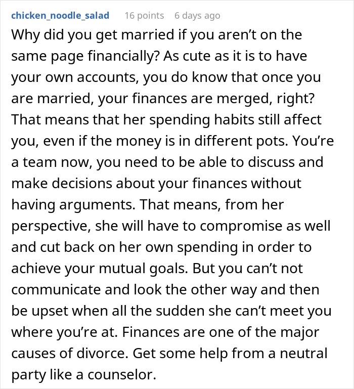 Comment discussing married couple's financial issues and spending habits affecting honeymoon plans and relationship stability. Comment discussing married couple's financial issues and spending habits affecting honeymoon plans and relationship stability.