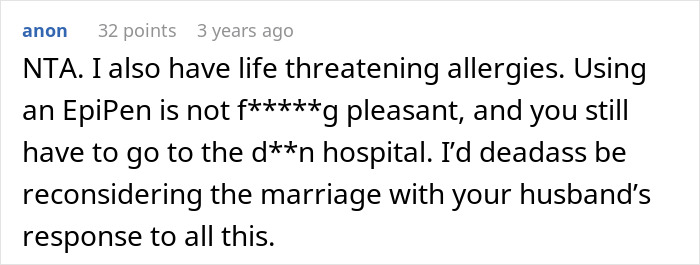 Screenshot of an online comment discussing anaphylaxis risk and a husband siding with his sister despite a no-peanut allergy rule.