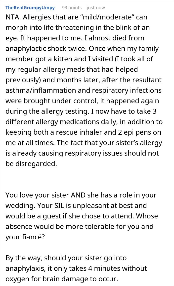 Comment about refusing sister-in-law’s service dog at wedding due to severe allergy risks and respiratory issues.