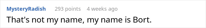 Screenshot of a forum comment where a user humorously claims their name is Bort, related to teens spamming baby-naming websites.