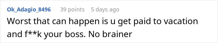 User comment on a forum discussing getting paid to vacation and having a bold interaction with their boss. User comment on a forum discussing getting paid to vacation and having a bold interaction with their boss.