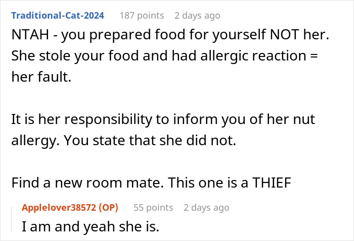 Screenshot of an online discussion about a serial food thief with peanut allergy causing an allergic reaction after stealing roommate’s food. Screenshot of an online discussion about a serial food thief with peanut allergy causing an allergic reaction after stealing roommate’s food.