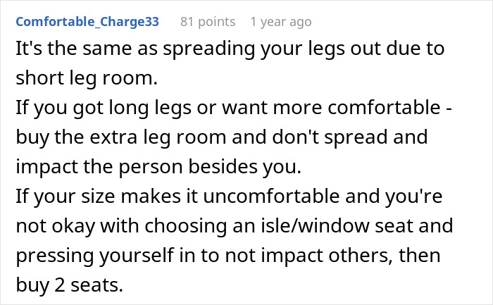 Screenshot of a Reddit comment suggesting an obese person should buy 2 seats on a flight for comfort and space. Screenshot of a Reddit comment suggesting an obese person should buy 2 seats on a flight for comfort and space.