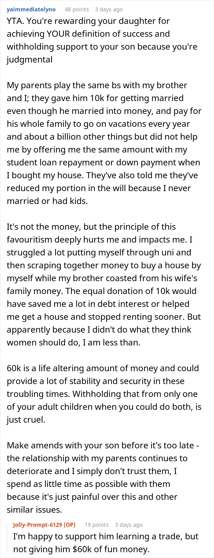 Reddit comment discussing family favoritism and conflict over paying off daughter student loans versus support for son. Reddit comment discussing family favoritism and conflict over paying off daughter student loans versus support for son.