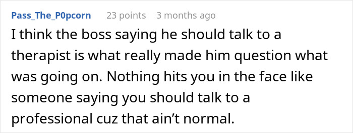 User comment discussing how a boss’s suggestion to see a therapist affected a married coworker's perspective on divorce fears.
