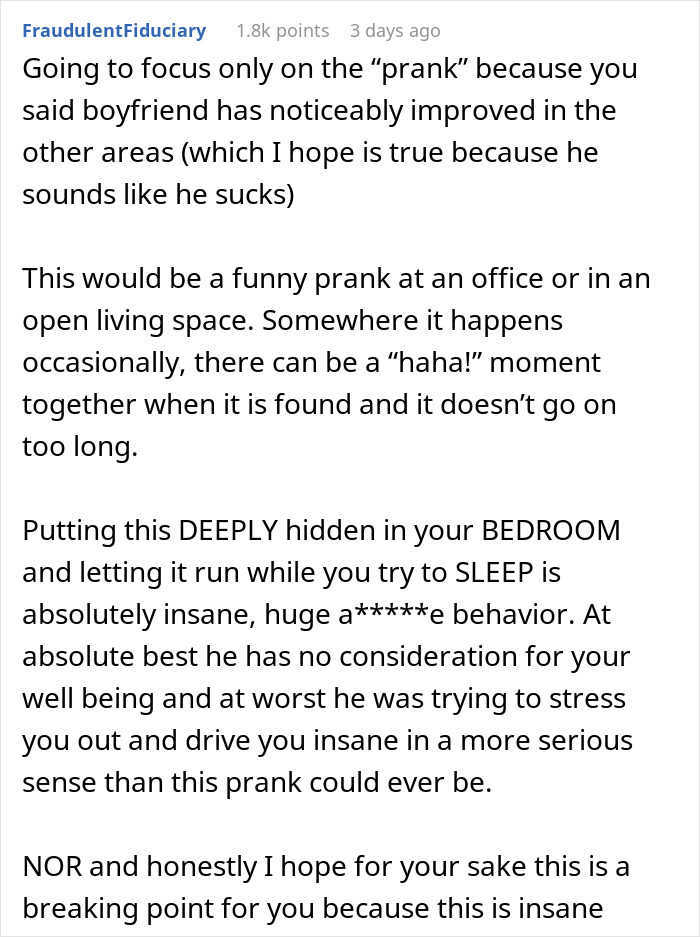 Comment discussing a prank involving a hidden device planted by a boyfriend in a bedroom closet, emphasizing its impact on wellbeing. Comment discussing a prank involving a hidden device planted by a boyfriend in a bedroom closet, emphasizing its impact on wellbeing.