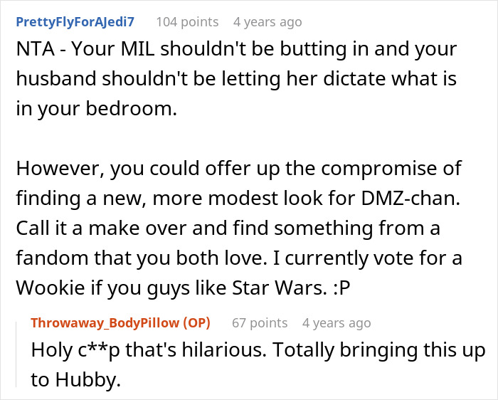 Reddit discussion about MIL concerned over son’s throuple with wife and anime pillow, wife sees no harm in it. Reddit discussion about MIL concerned over son’s throuple with wife and anime pillow, wife sees no harm in it.