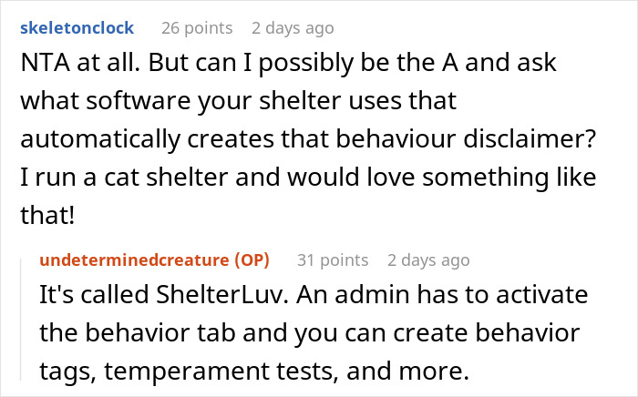 Screenshot of an online discussion about animal shelter software used to label dogs with behavior issues during adoption process. Screenshot of an online discussion about animal shelter software used to label dogs with behavior issues during adoption process.