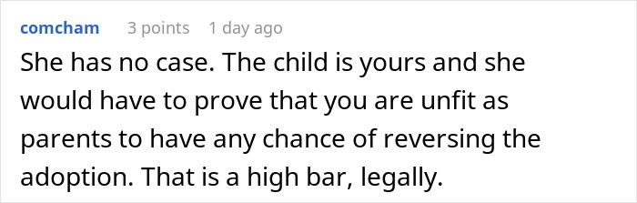 Commenter explaining legal challenges a mom faces trying to reclaim her baby after giving it up and adoption reversal difficulties. Commenter explaining legal challenges a mom faces trying to reclaim her baby after giving it up and adoption reversal difficulties.