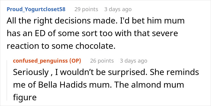 Comment discussing severe reaction linked to body image issues and eating disorder in a family context. Comment discussing severe reaction linked to body image issues and eating disorder in a family context.