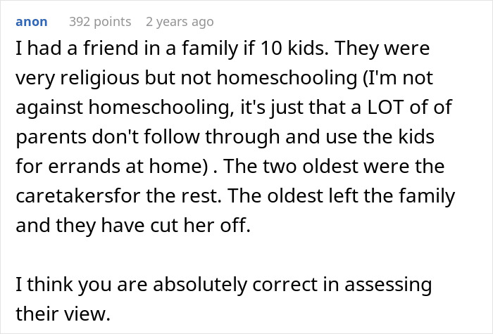 Reddit comment discussing a son forced to raise seven younger siblings and experiencing family rejection as an adult.
