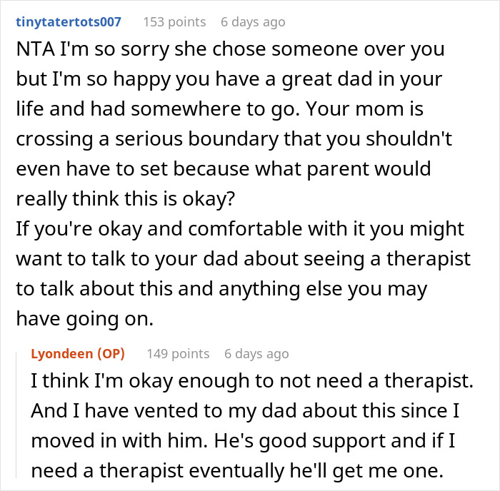 Reddit comments discussing son's refusal of mother's pleas for family bonding and choosing dad and nemesis instead. Reddit comments discussing son's refusal of mother's pleas for family bonding and choosing dad and nemesis instead.