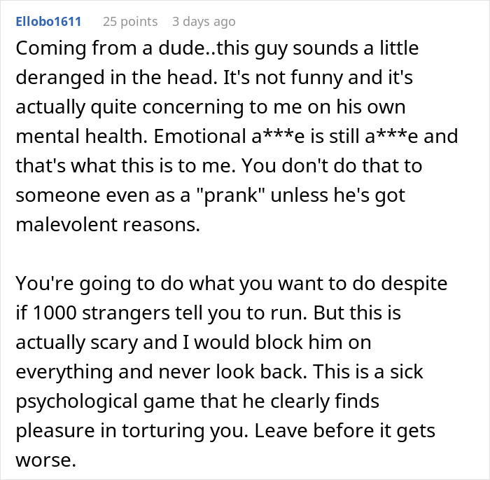 Comment expressing concern about a hidden device prank planted by boyfriend, highlighting emotional abuse and psychological games. Comment expressing concern about a hidden device prank planted by boyfriend, highlighting emotional abuse and psychological games.