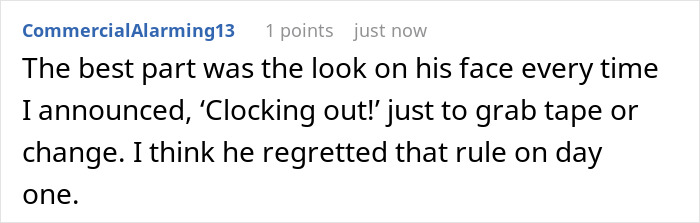 Screenshot of a forum comment discussing a boss demanding employees clock out for every break and regretting it.