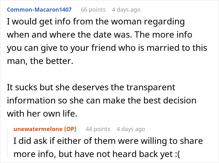 Screenshot of an online discussion about friends, husband, and dating the same guy, sharing advice on transparency. Screenshot of an online discussion about friends, husband, and dating the same guy, sharing advice on transparency.