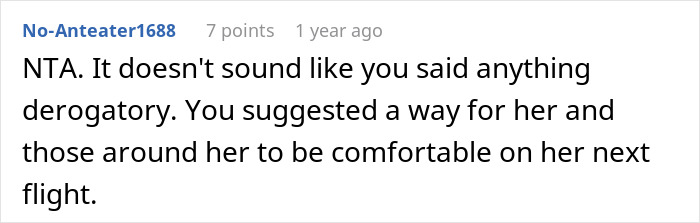 Screenshot of an online comment defending a woman suggesting her obese friend buy 2 seats for comfort on a flight. Screenshot of an online comment defending a woman suggesting her obese friend buy 2 seats for comfort on a flight.