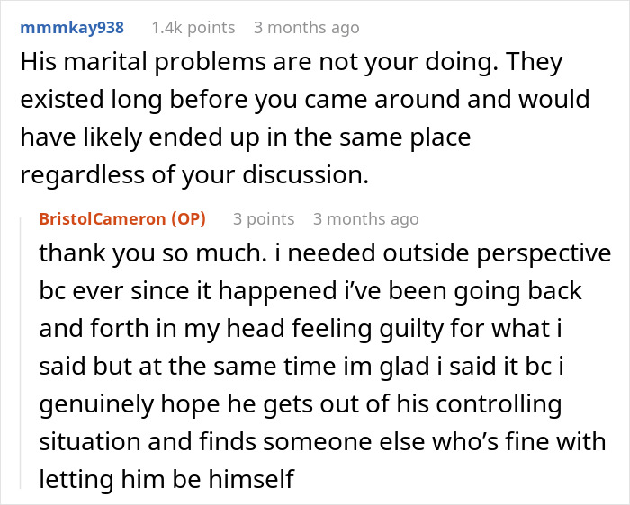 Reddit conversation about marital problems and fears a coworker’s comment pushed him toward divorce.