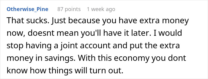 Comment from Otherwise_Pine discussing money management and advice on joint accounts in uncertain economic times. Comment from Otherwise_Pine discussing money management and advice on joint accounts in uncertain economic times.